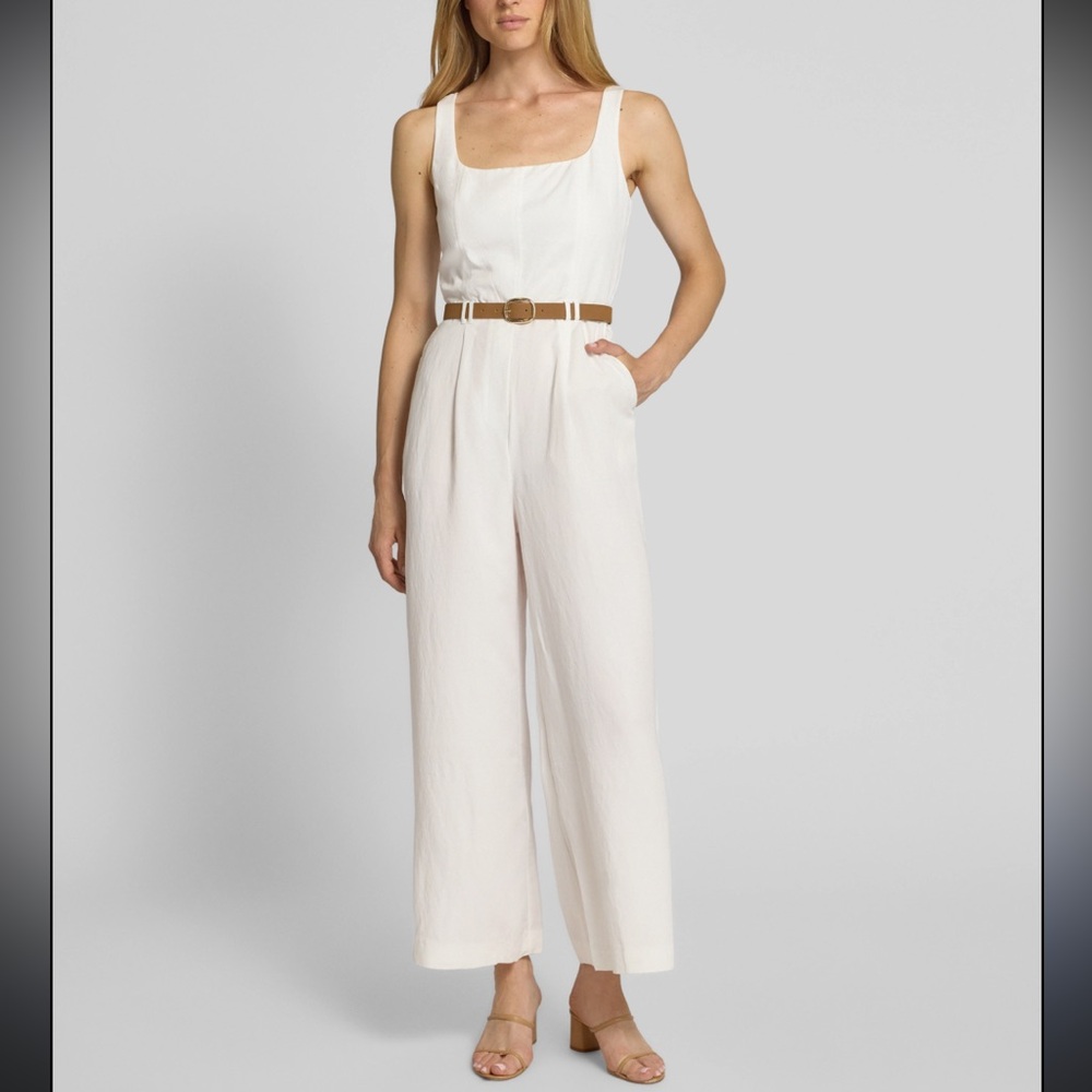 Mango Pleated Front White Belted Jumpsuit